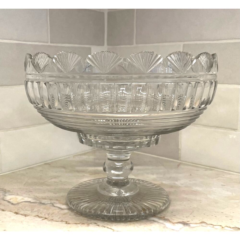 Vintage Round Crystal Pedestal Bowl, Sawtooth, Scalloped Edges, Striped Pattern